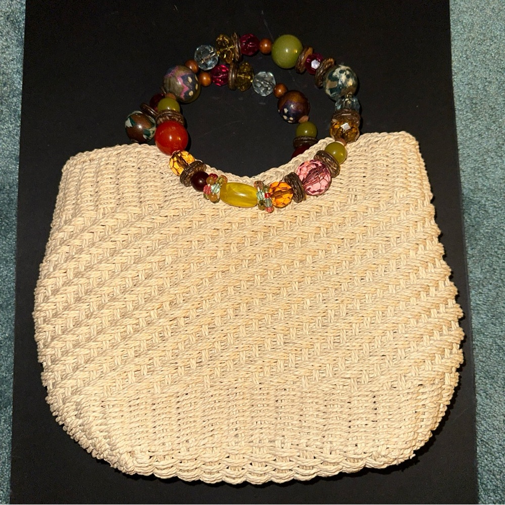 Cappelli Straworld Hobo Multicolor Beaded Handle Satchel Beachy Hand Bag